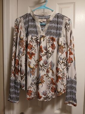 LOFT Boho Cream Floral Lace-Trim Peasant Blouse Sz.S